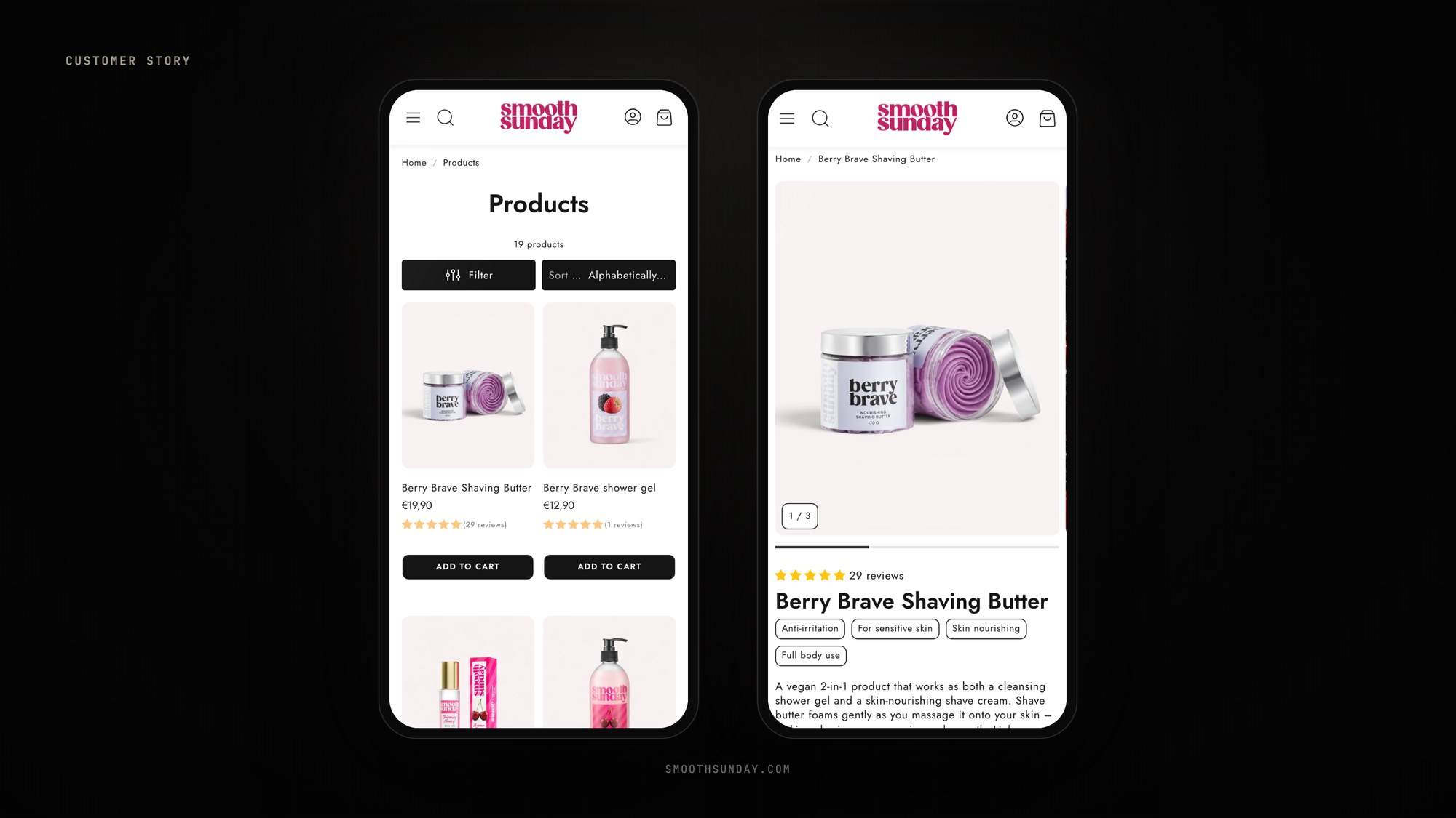 Two phones showing Smooth Sunday: a collection page and the Berry Brave Shaving Butter product page