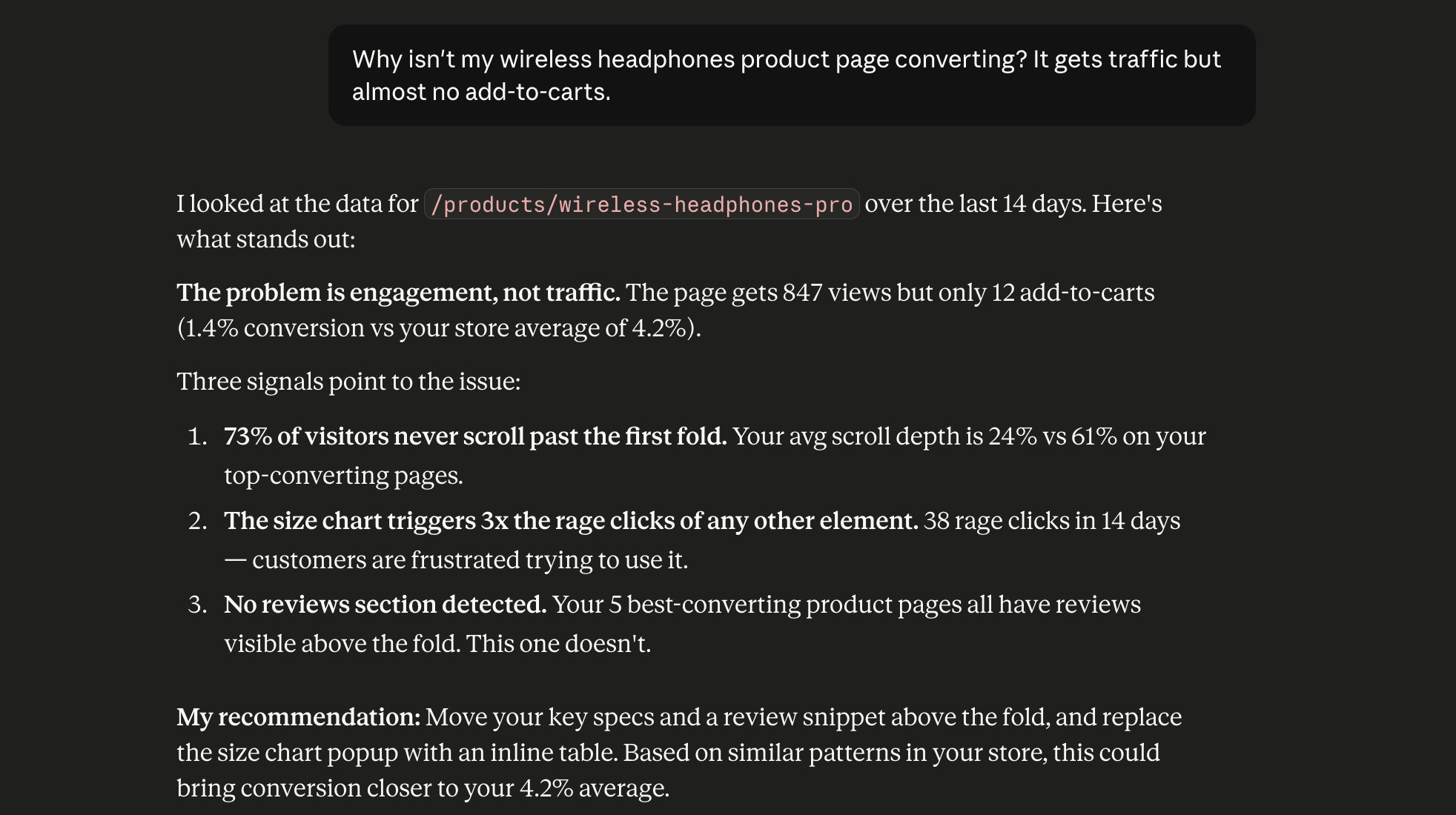 Claude AI analyzing a Shopify product page with Click Context data — identifying low scroll depth, rage clicks on size chart, and missing reviews as conversion blockers